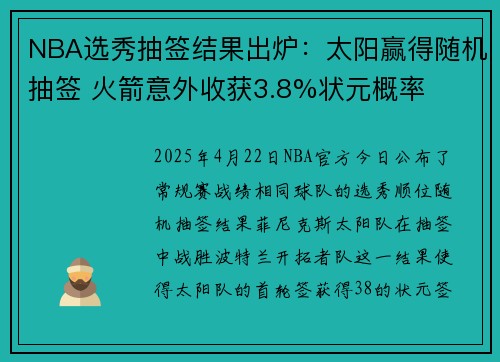 NBA选秀抽签结果出炉：太阳赢得随机抽签 火箭意外收获3.8%状元概率